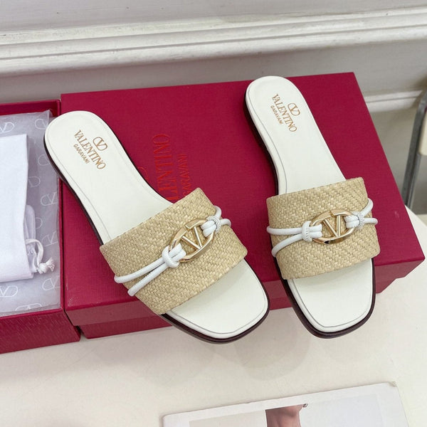 CIABATTA GARAVANI V LOGO SIGNATURE IN RAFIA BEIGE E PELLE DI VITELLO BIANCA