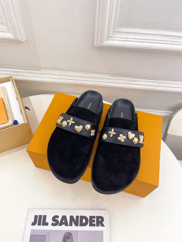 Zoccoli LV Cosy Flat Comfort in pelle scamosciata nera