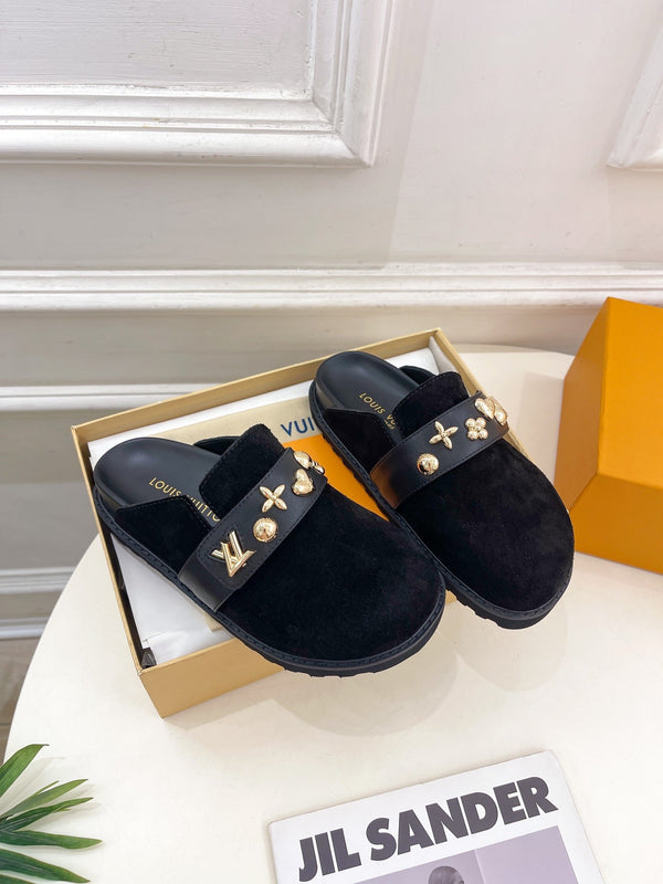 Zoccoli LV Cosy Flat Comfort in pelle scamosciata nera
