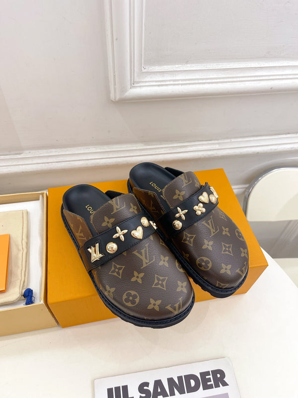 Zoccoli LV Cosy Flat Comfort in pelle bovina monogramma marrone scuro