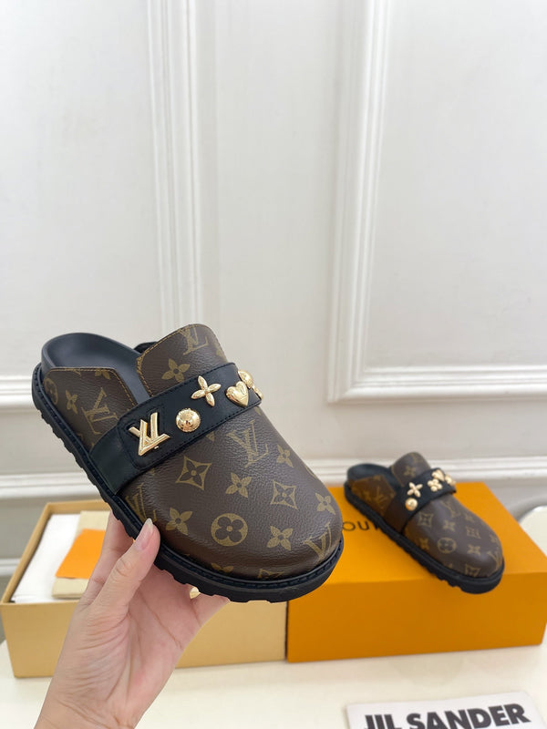 Zoccoli LV Cosy Flat Comfort in pelle bovina monogramma marrone scuro