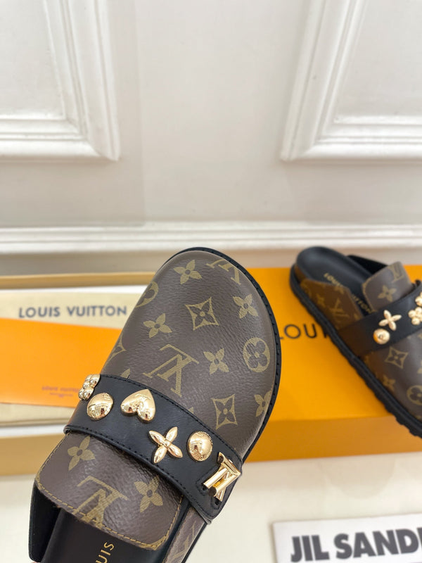Zoccoli LV Cosy Flat Comfort in pelle bovina monogramma marrone scuro