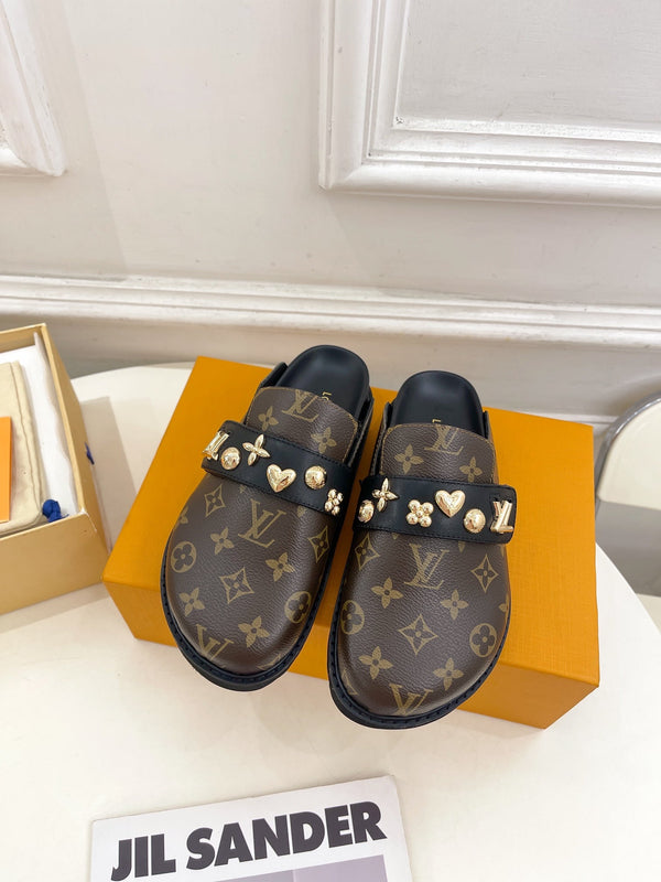 Zoccoli LV Cosy Flat Comfort in pelle bovina monogramma marrone scuro
