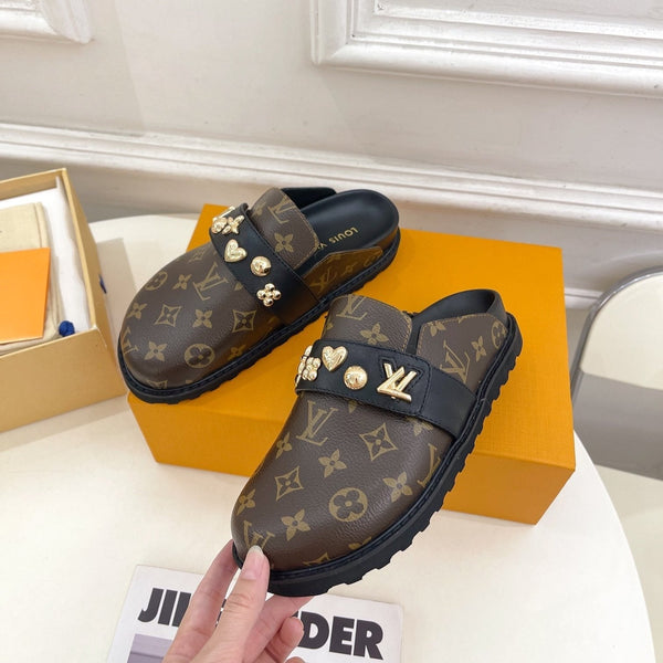 Zoccoli LV Cosy Flat Comfort in pelle bovina monogramma marrone scuro