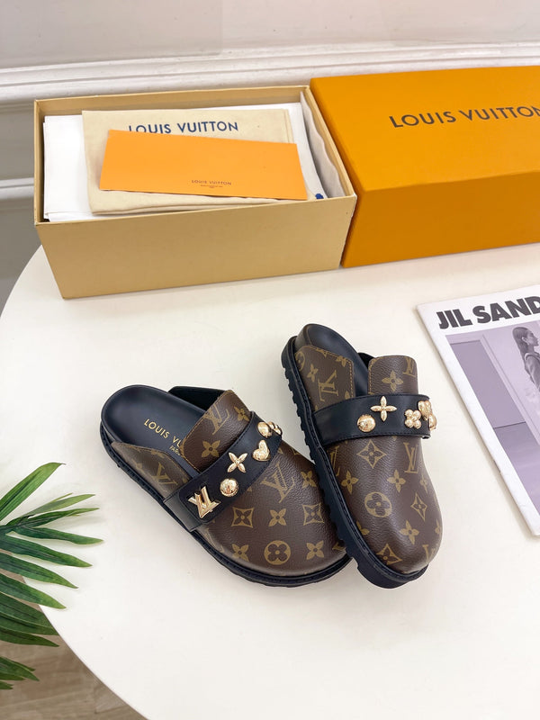 Zoccoli LV Cosy Flat Comfort in pelle bovina monogramma marrone scuro