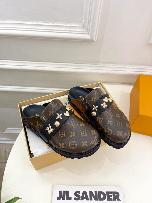 Zoccoli LV Cosy Flat Comfort in pelle bovina monogramma marrone scuro