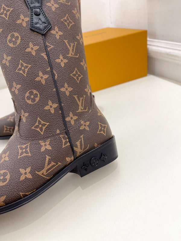 Stivale LV Rider 30mm in pelle di vitello monogramma marrone scuro