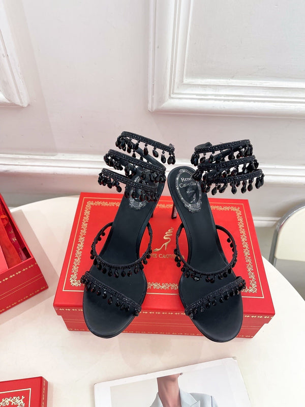 RC 25 Crystal Tassel High-Heeled Sandals Black Silk Crystal Diamond 253539