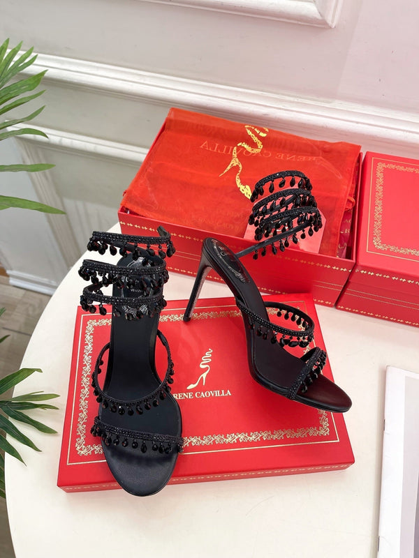 RC 25 Crystal Tassel High-Heeled Sandals Black Silk Crystal Diamond 253539