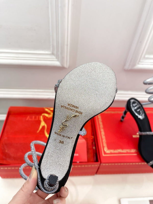 RC 25 Crystal Diamond Snake-shaped Heel High-Sandali in seta nera e argento con strass 253546