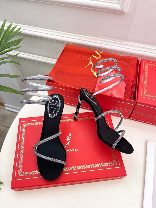 RC 25 Crystal Diamond Snake-shaped Heel High-Sandali in seta nera e argento con strass 253546