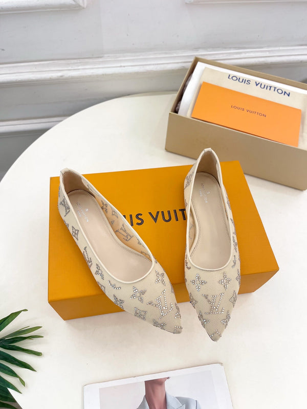 LV Gala Rhinestone Pointed Toe Flat Beige Mesh 425137