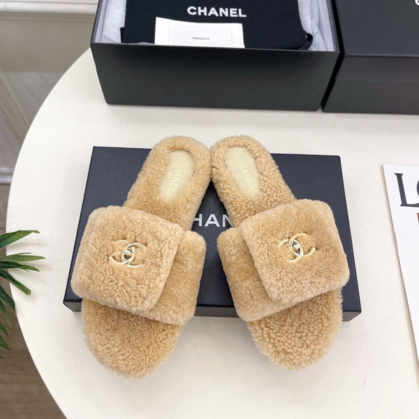 CC 25s Logo Slippers Beige Wool GHW 435268