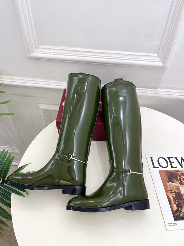 Gucci 25𝐬𝐬 horsebit long boots dark olive green patent calfskin 435383