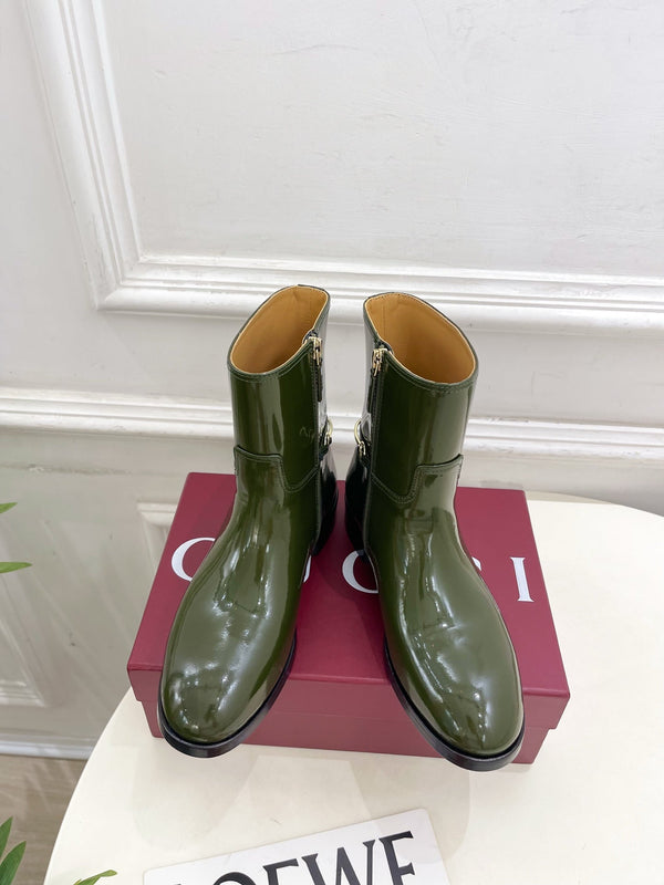 Gucci 25𝐬𝐬 horsebit ankle boots dark olive green patent calfskin