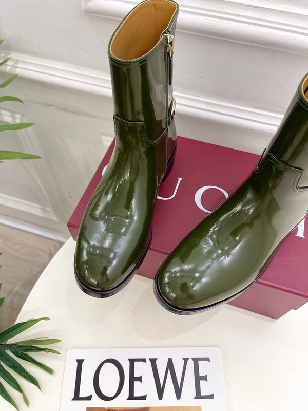 Gucci 25𝐬𝐬 horsebit ankle boots dark olive green patent calfskin