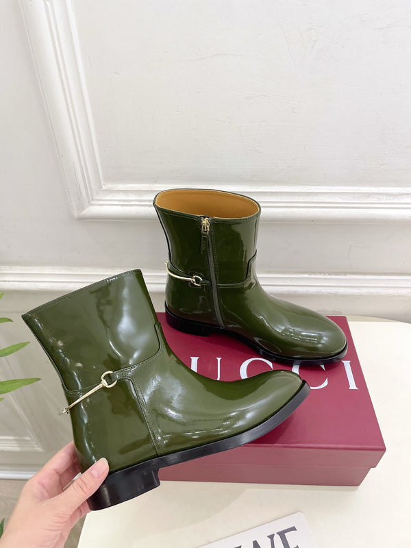 Gucci 25𝐬𝐬 horsebit ankle boots dark olive green patent calfskin