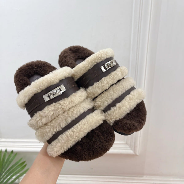 HM Slippers Classic Kelly Sliver Buckle Brown Wool 479616