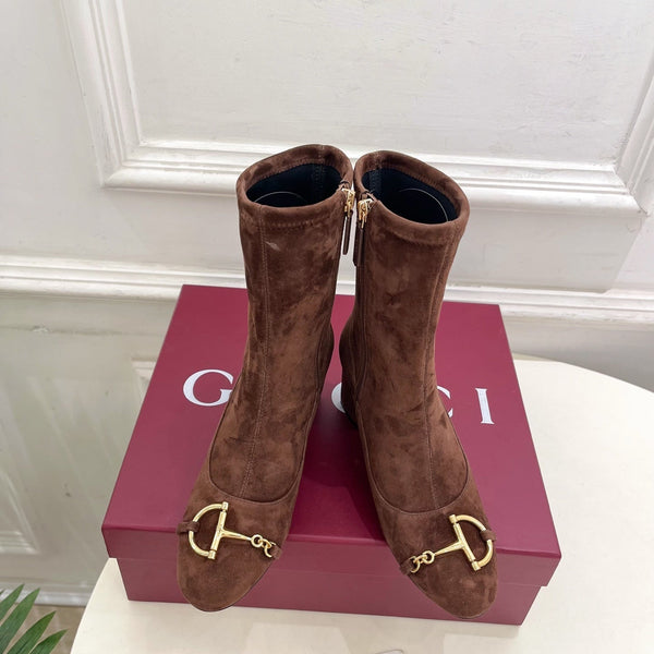 GG half-D chain buckle ankle boots brown suede 536055