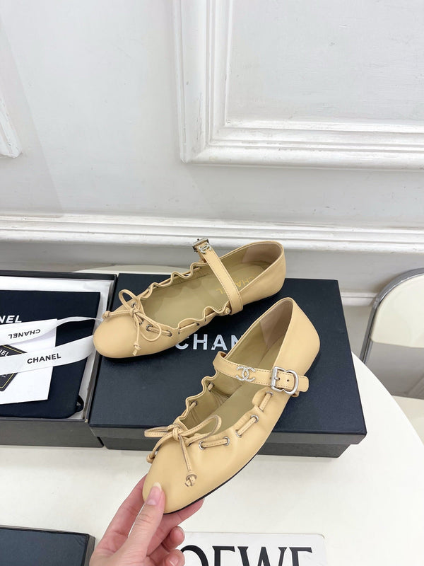 CC 26 SS Ruffled Bow Mary Jane Flats Beige Calfskin 586930