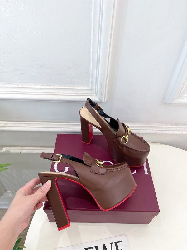 GG Horsebit Platform Loafer Slingback Brown Leather 640264