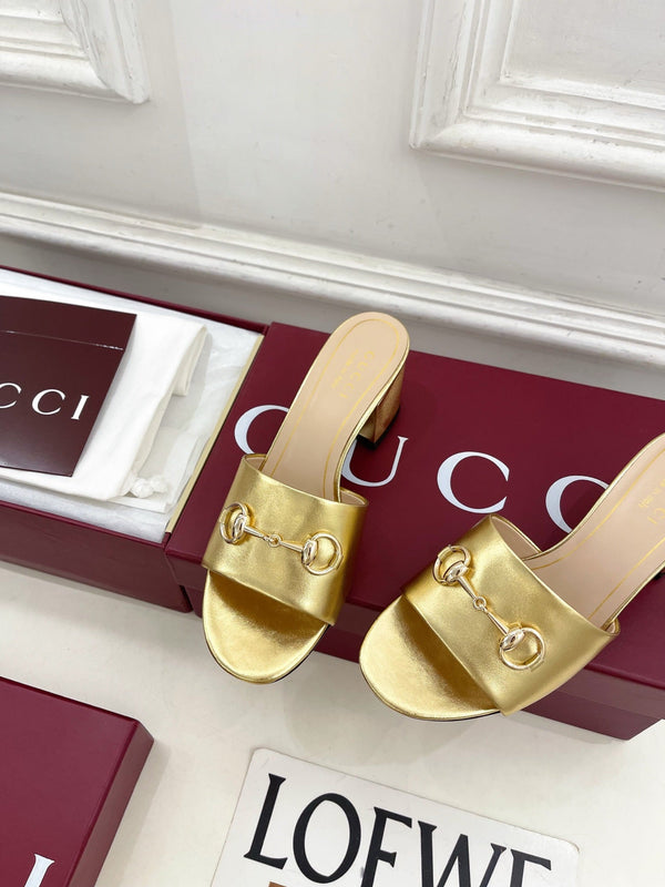 GG 26s Slide Sandal 5.5cm With Horsebit Gold Leather 640295