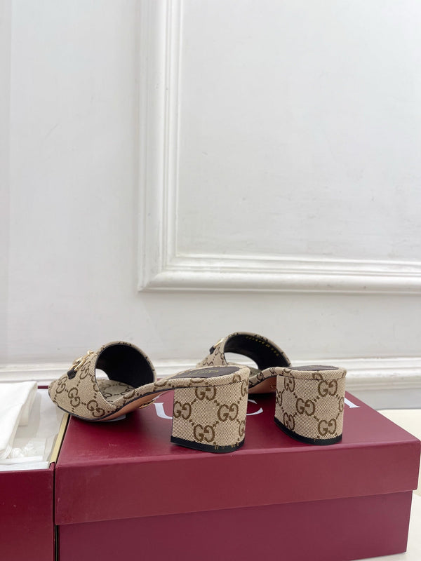 GG 26s Mule à Talon 5.5cm avec Mors Cuir Marron Beige Toile 640299