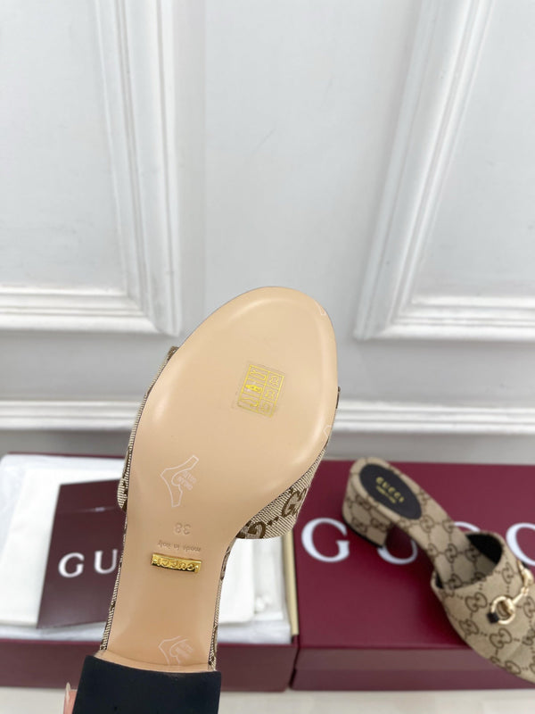 GG 26s Mule à Talon 5.5cm avec Mors Cuir Marron Beige Toile 640299