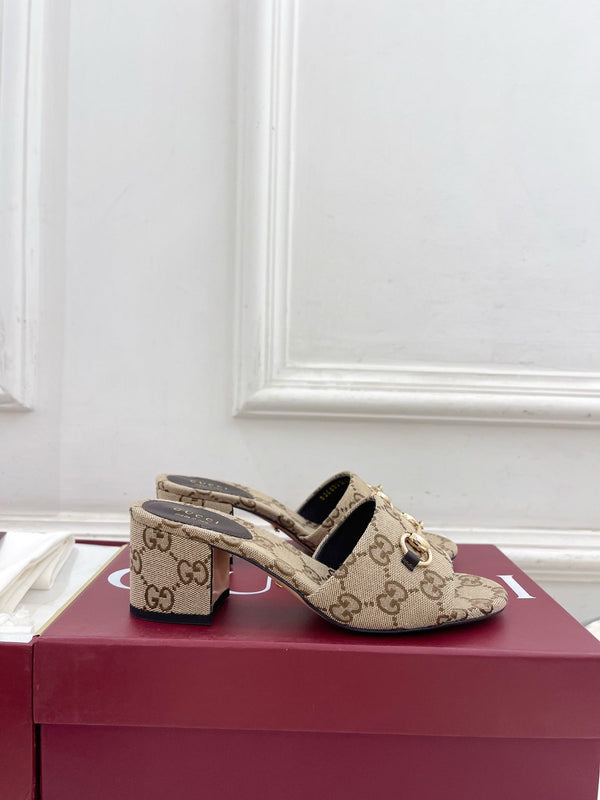 GG 26s Mule à Talon 5.5cm avec Mors Cuir Marron Beige Toile 640299