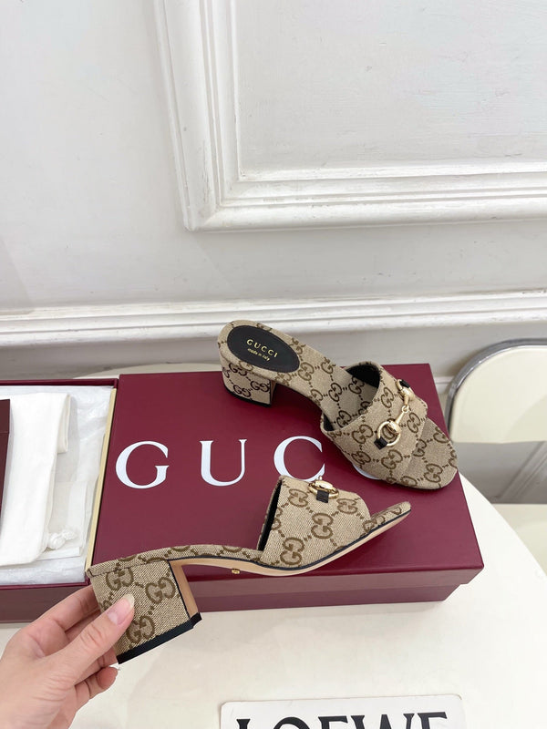 GG 26s Mule à Talon 5.5cm avec Mors Cuir Marron Beige Toile 640299
