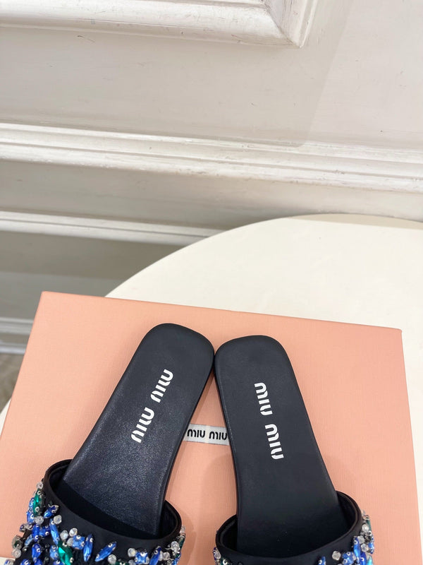 Miu 26s Rhinestone Flat Sandals Black Sheepskin Silk 891869