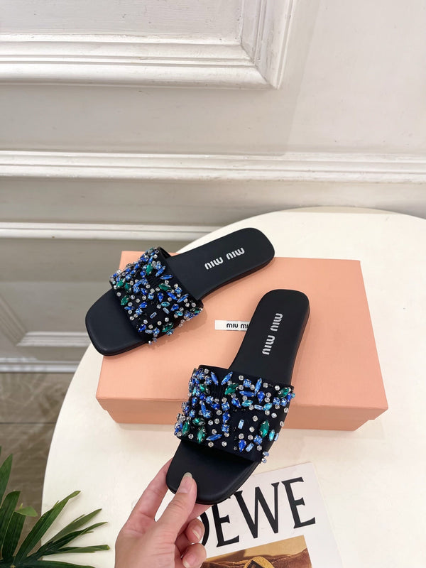 Miu 26s Rhinestone Flat Sandals Black Sheepskin Silk 891869