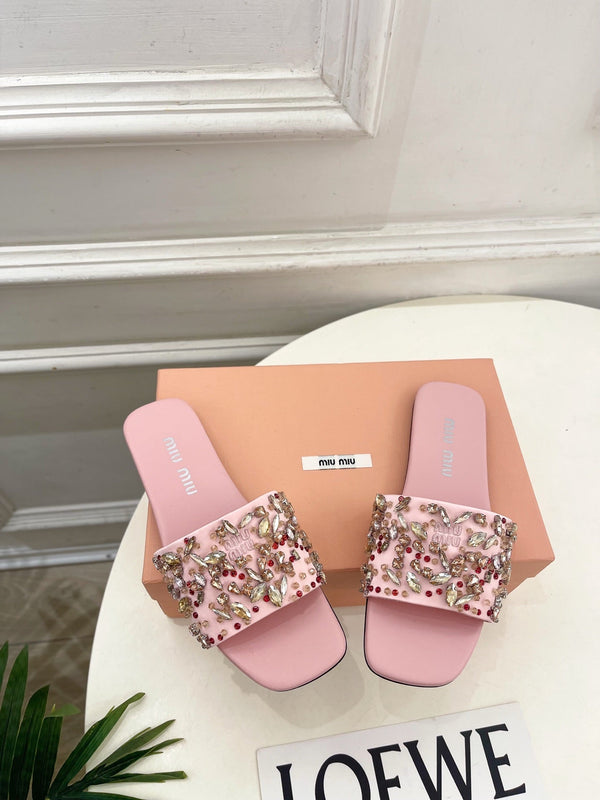 Miu 26s Rhinestone Flat Sandals Light Pink Sheepskin Silk 891871
