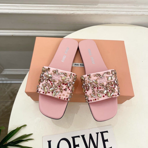 Miu 26s Rhinestone Flat Sandals Light Pink Sheepskin Silk 891871