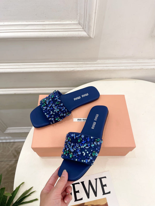 Miu 26s Rhinestone Flat Sandals Dark Blue Sheepskin Silk 891872