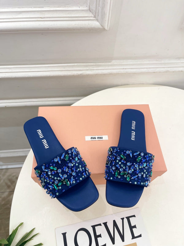 Miu 26s Rhinestone Flat Sandals Dark Blue Sheepskin Silk 891872