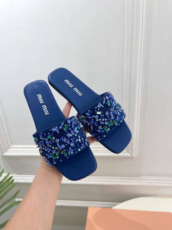 Miu 26s Rhinestone Flat Sandals Dark Blue Sheepskin Silk 891872