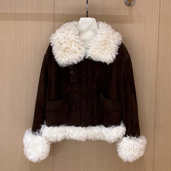 Miumiu 2025 Veste Marron Foncé mélange Laine Suédine Blanche