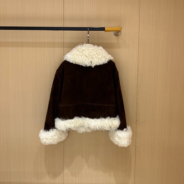 Miumiu 2025 Veste Marron Foncé mélange Laine Suédine Blanche