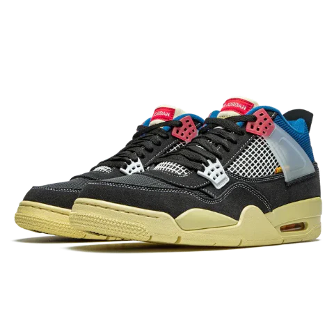 Nike Air Jordan 4 Retro Black Yellow Blue Mesh Suede
