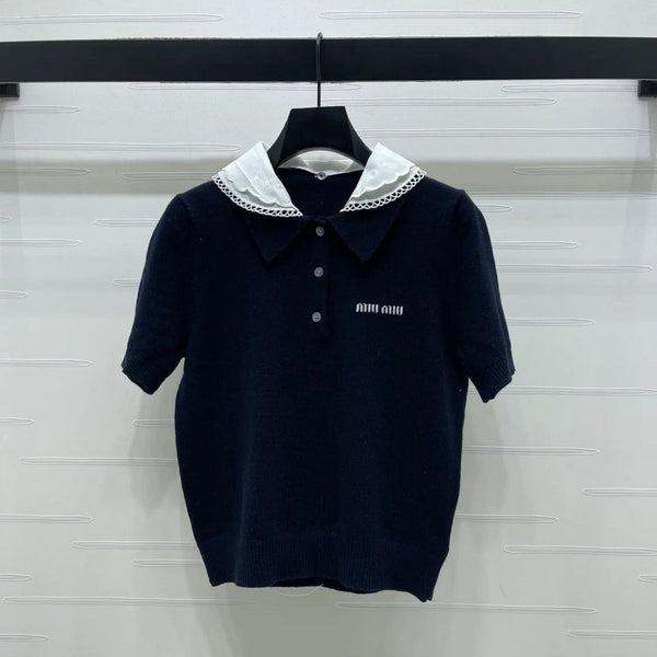 Miumiu 2026 T-shirt en maille à col claudine et manches courtes en laine gris et bleu marine
