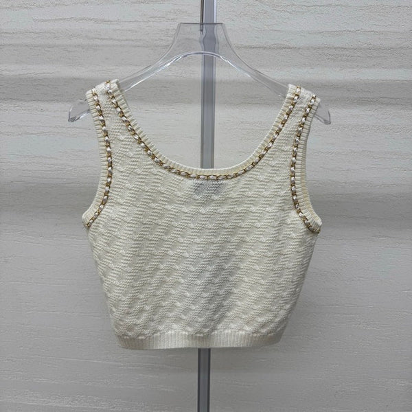 Chanel 2026 Top en maille sans manches Laine crème et noire 356946
