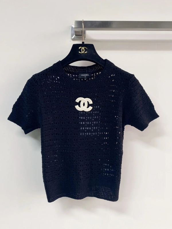 Chanel 2026 Chemise à manches courtes ajourée Rose Noir Blanc Laine Cachemire