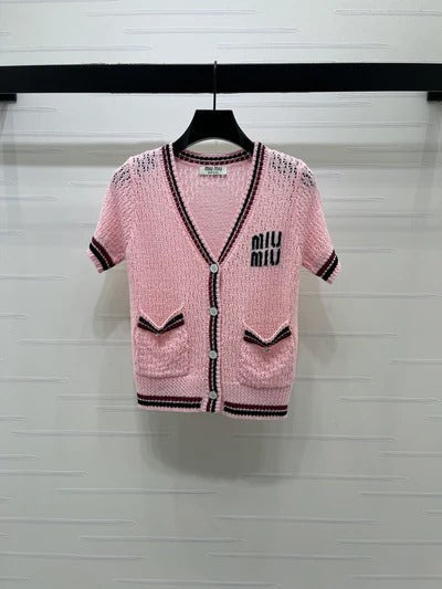 Miumiu 2026 Hollow V-neckline Cardigan Black White Pink Wool