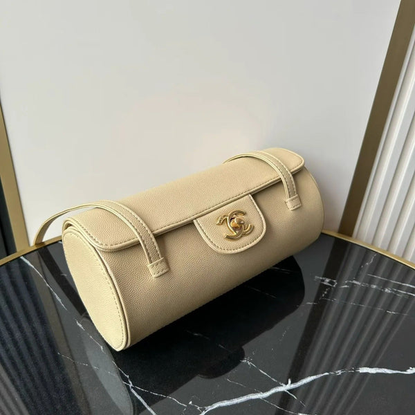 Chanel 2026 Bowling Ball Cylinder Bag 20.5cm Beige Caviar Leather 345493