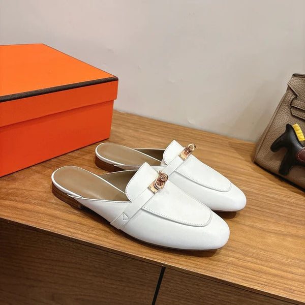 HM 26ss Mule Cuir de veau blanc Boucle dorée 638471