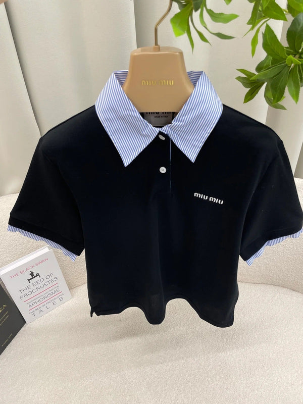 Polo Miumiu 2026 à rayures et patchwork en coton noir et bleu