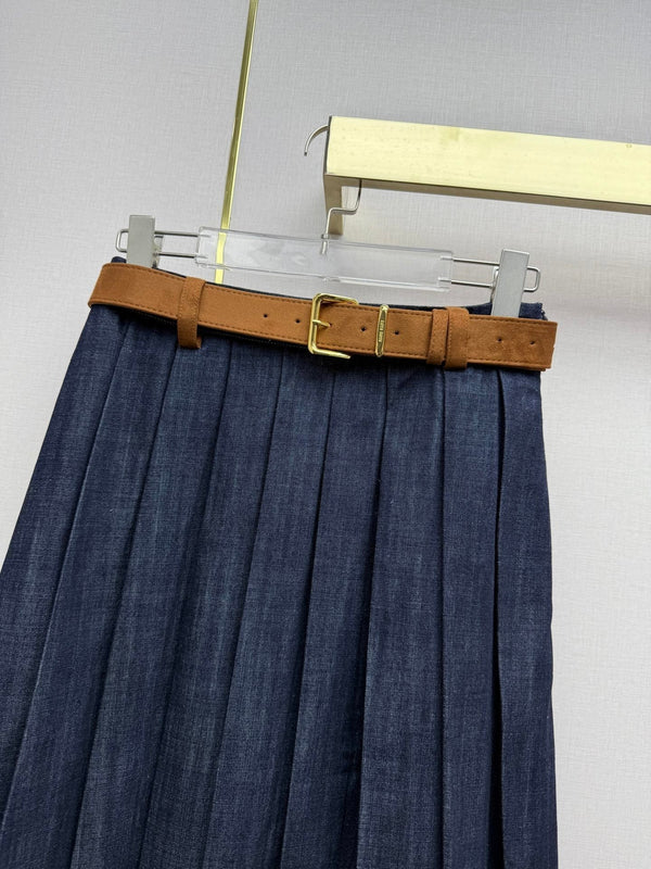 Miumiu 2026 Jupe plissée rétro en jean, coton bleu 351555