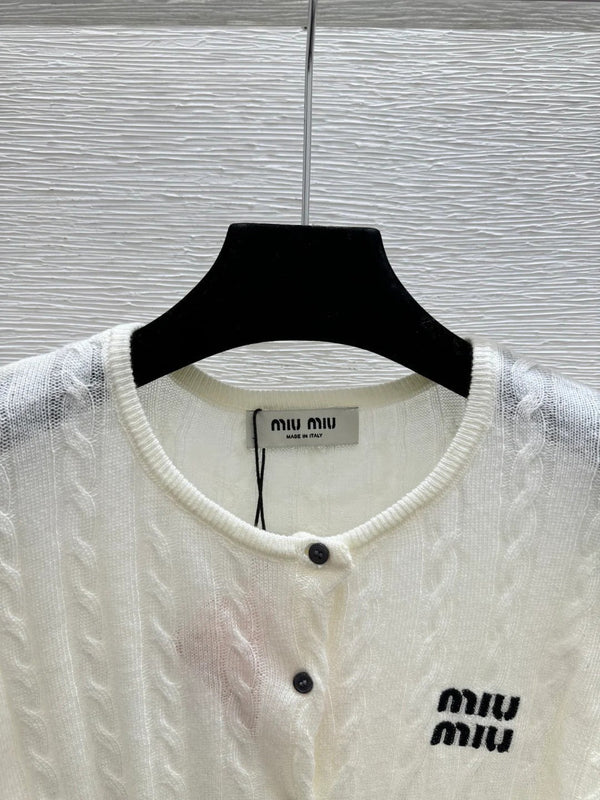 Miumiu 2026 Knit Short-sleeved Cardigan White and Blue Wool