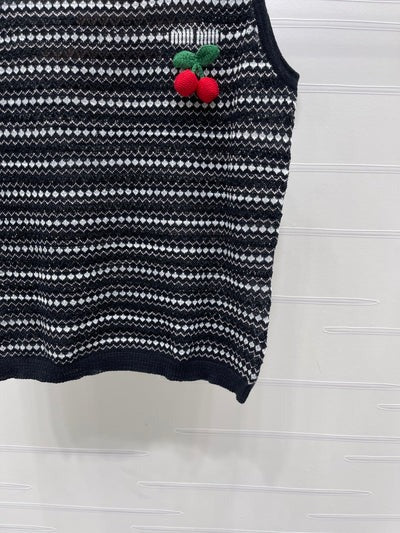 Miumiu 2026 Cherry-embroidered Knitted Sleeveless Crop Top Tencel Nylon